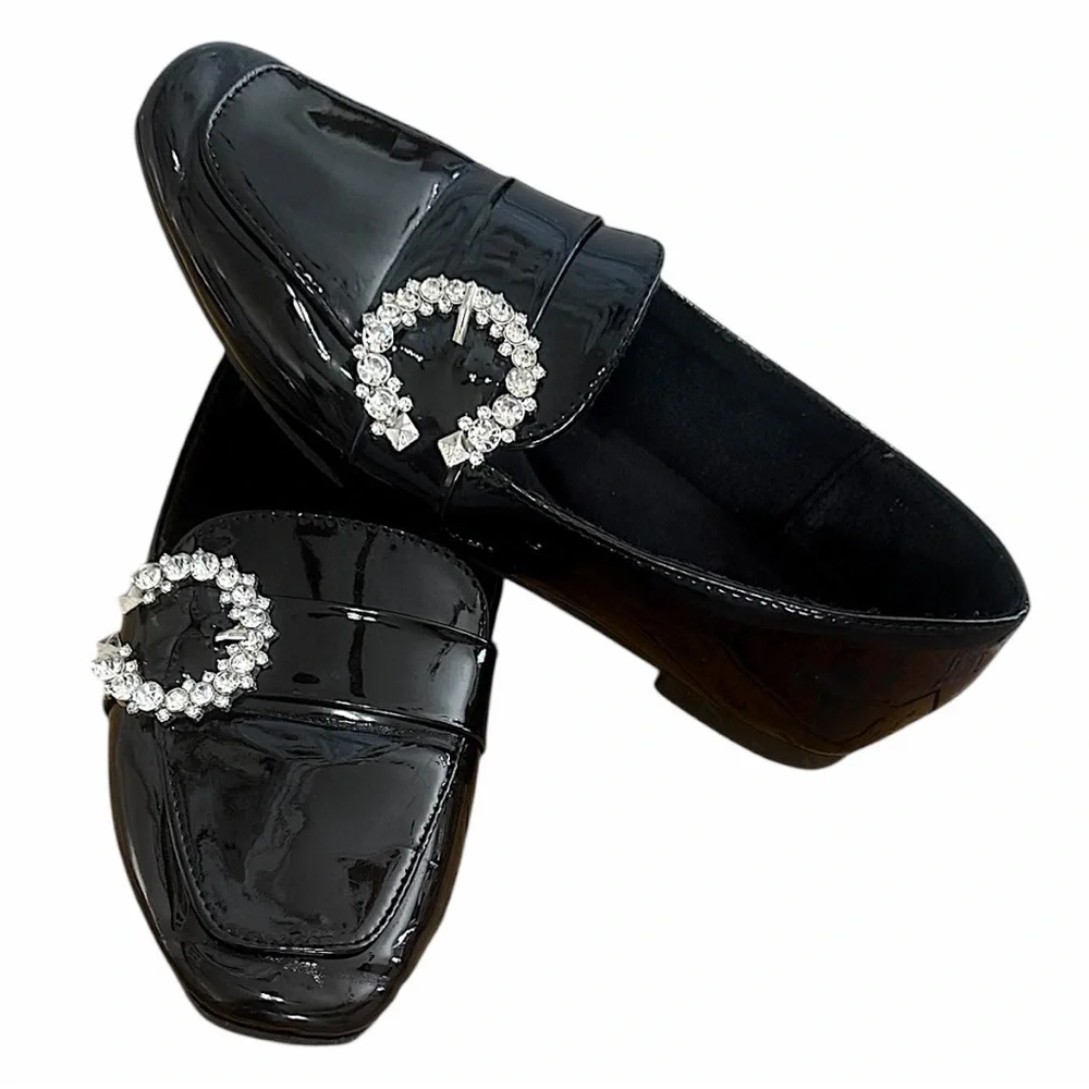 Top Moda Women’s Black Patent Crystal-Embellished Women's Loafers Size 7.5